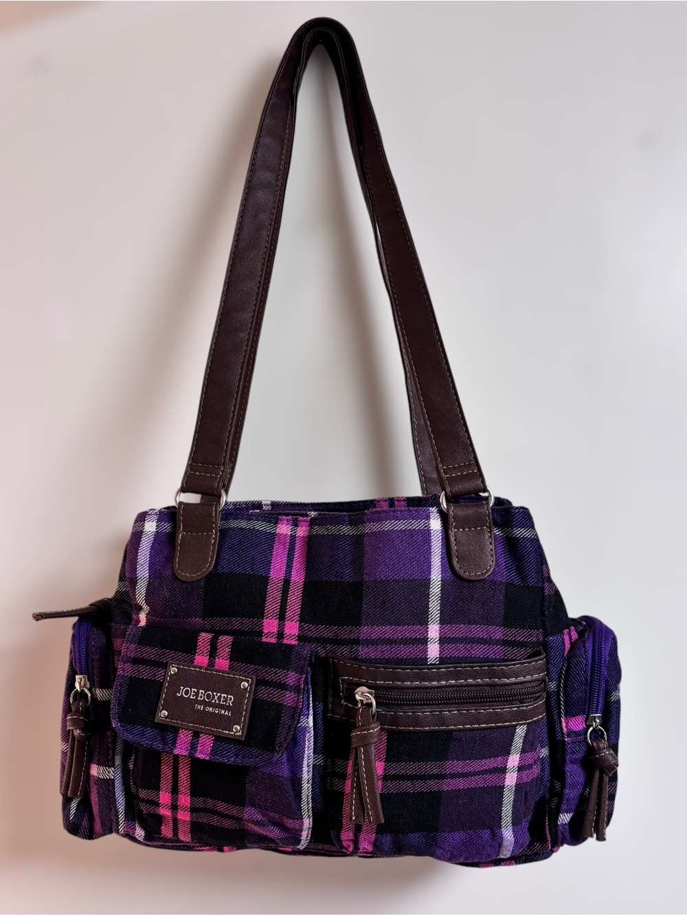 Joe Boxer Purple Plaid Bowler Bag with Brown Trim - Picture 2 of 9